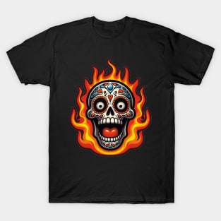 Sugar Skull Art - Flaming Skull T-Shirt